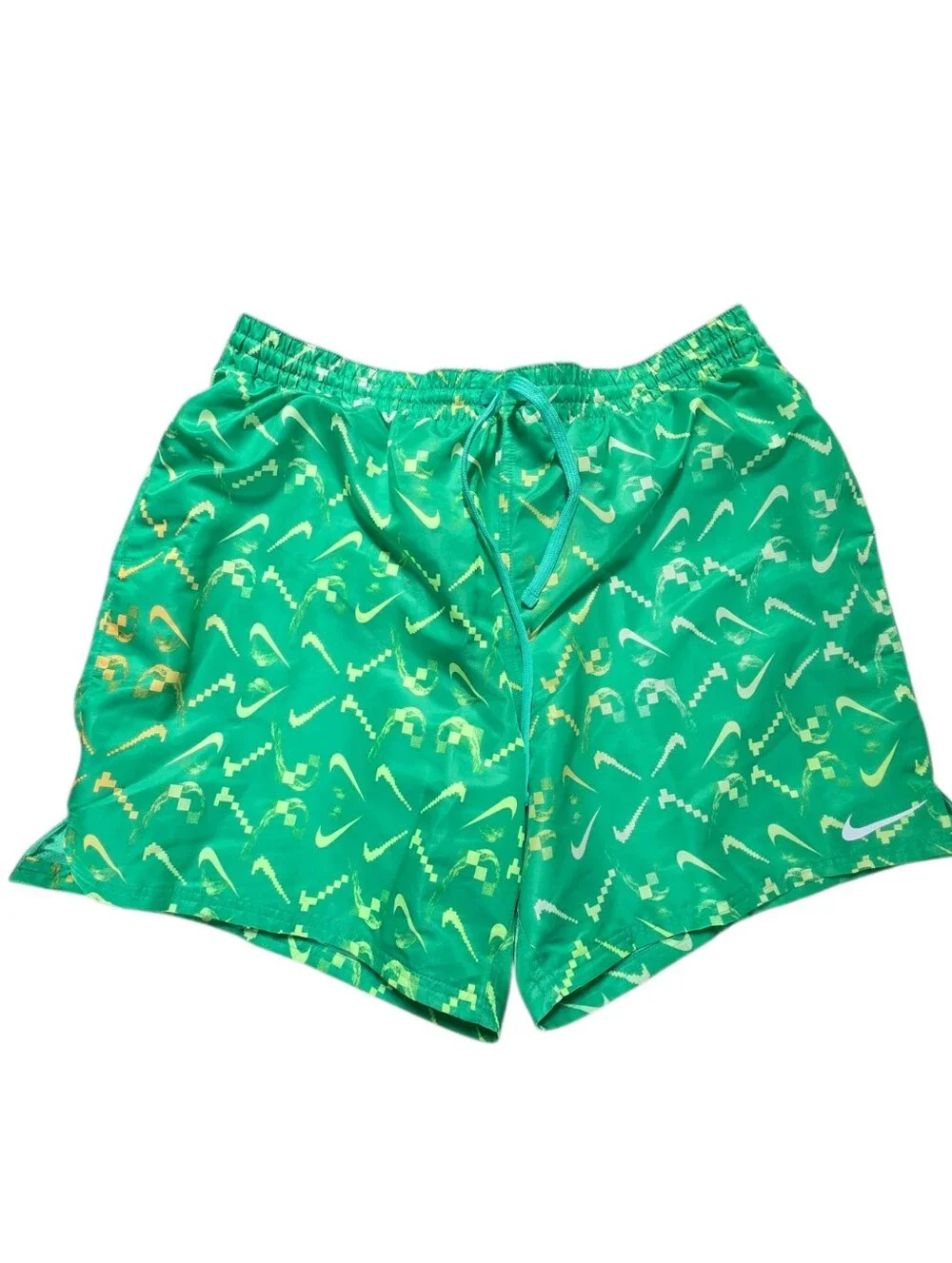 Nike Green Geometric Swim Trunks,  Pockets, Drawstring, XXL Mens